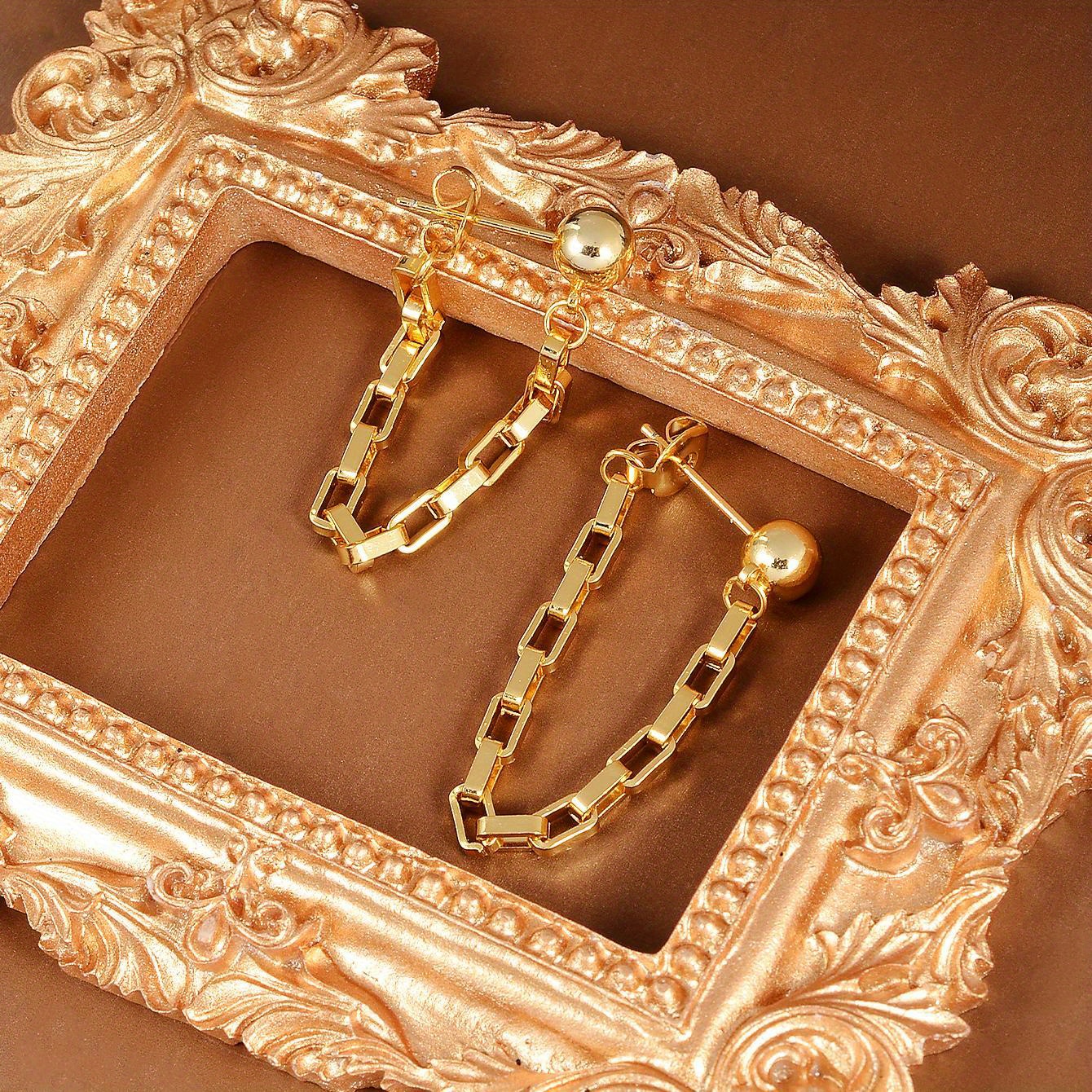 Women's Luxury Geometric Square Chain Drop Earrings with Golden Ball Studs